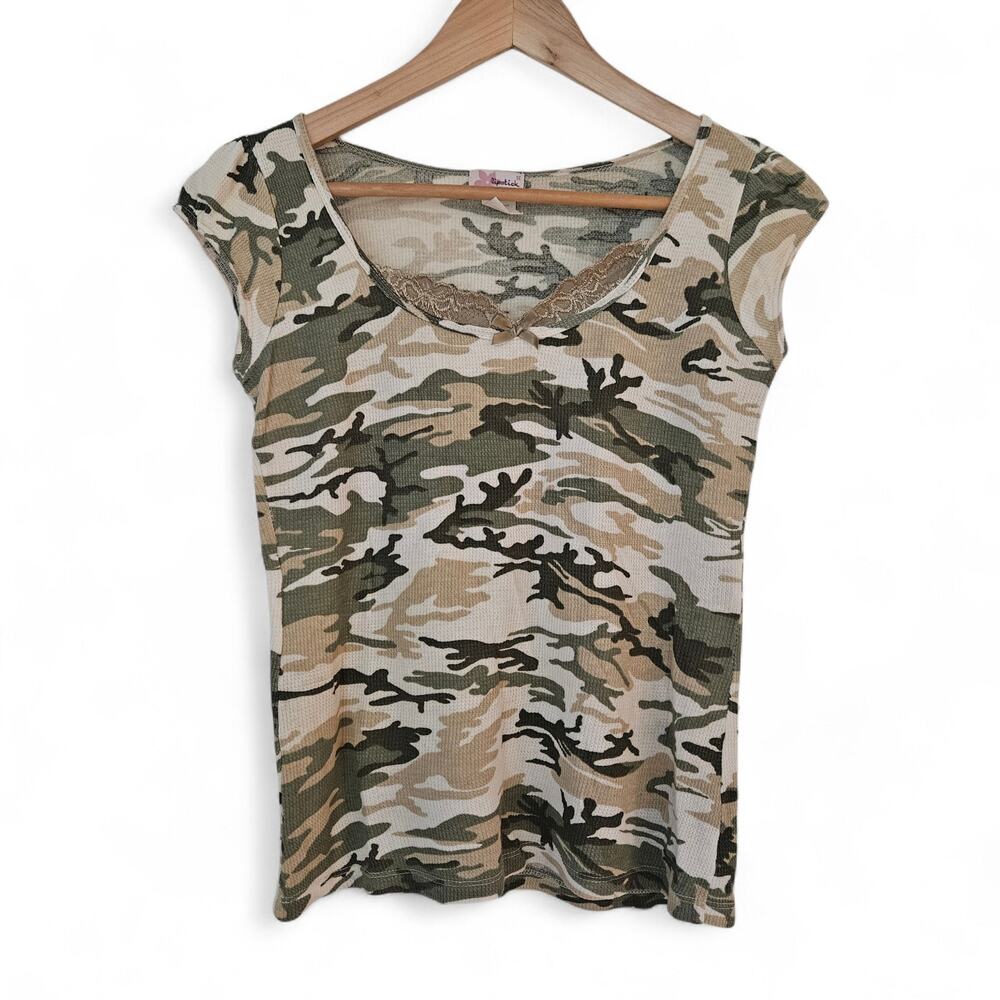 Lipstick Womens Vintage Camo Y2K Lace Trim Babydoll Tee T-shirt Top Size M